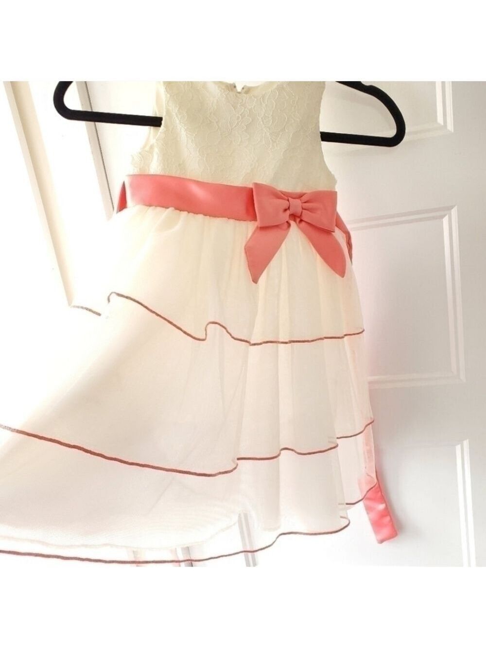Kids Tulle Long Dress White and Peach Ribbon